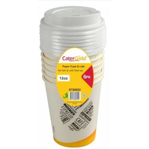 CaterGold 12OZ Paper Cups & Lids (for Hot & cold use) 6PK