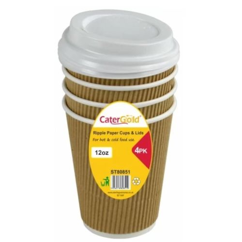 CaterGold 12OZ Ripple Paper Cups & Lids (for Hot & Cold use) 4PK