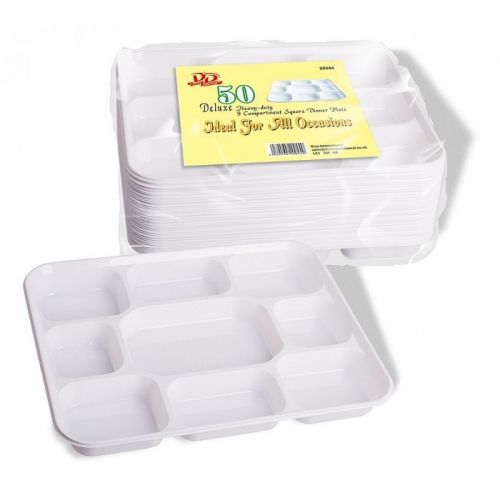 Dina Deluxe 9 Compartment Square Plastic Dinner Plates (50 Pack)