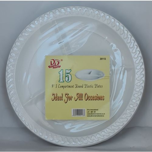 Dina Deluxe Round Plastic Plates 9'' (3 Compartment) (15 Pcs)