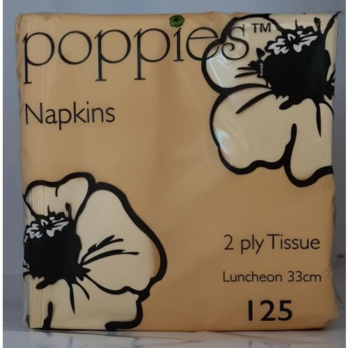 Poppies 2 Ply Napkins Buttermilk 33cm (125 Pcs)